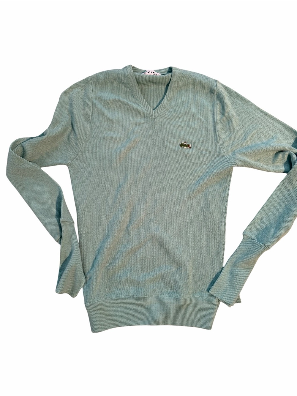Vintage 80s Lacoste Men's V-Neck Sweater in Seafoam Green size S